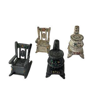 Vintage Pepper and Salt Shakers Setof 4 Cast Iron Rocking Chair and wood Stove